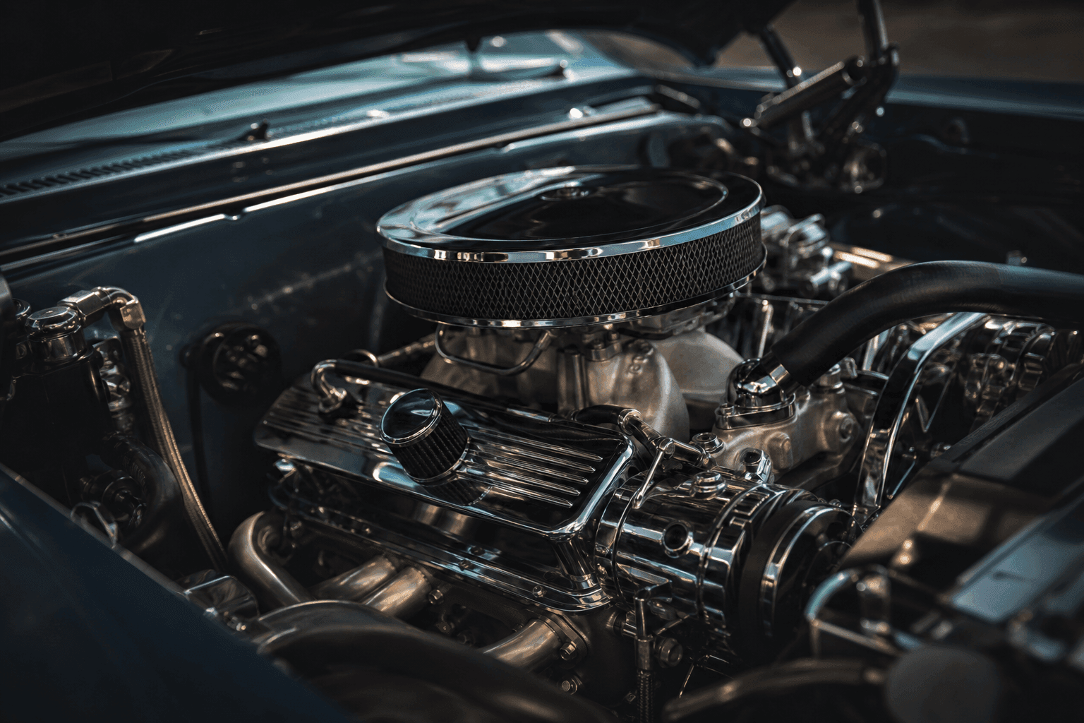 Polished car engine with chrome components
