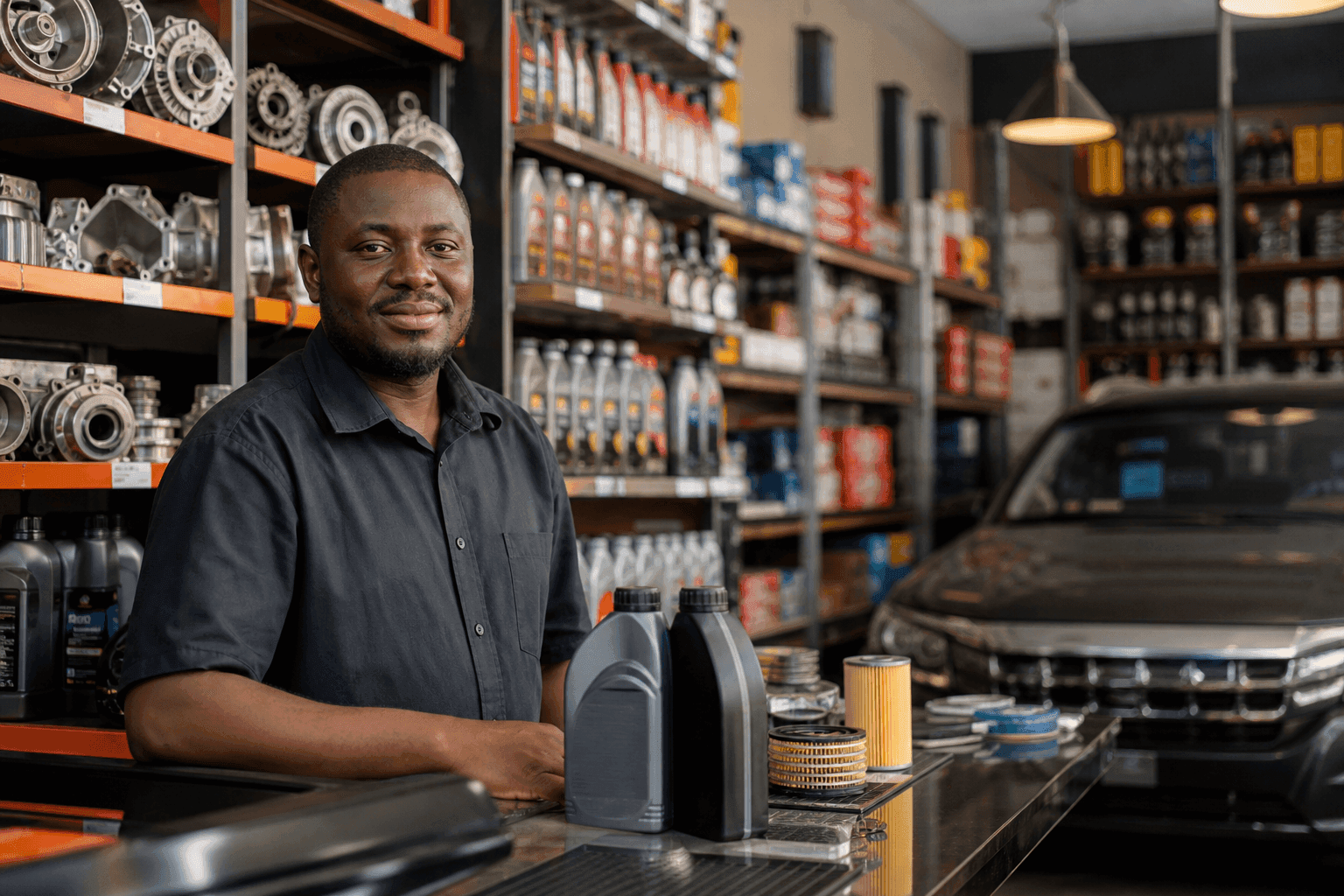 Busy spare parts shop with oils, filters, and car parts on shelves