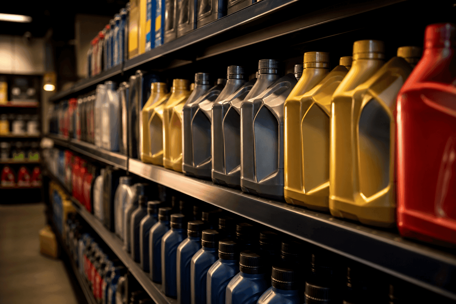 Shelf of motor oil and lubricant bottles