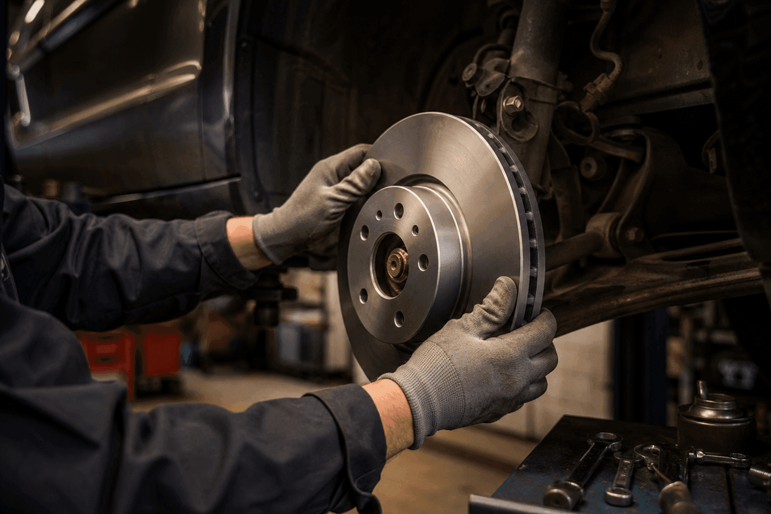 Mechanic fitting a brake disc on a car
