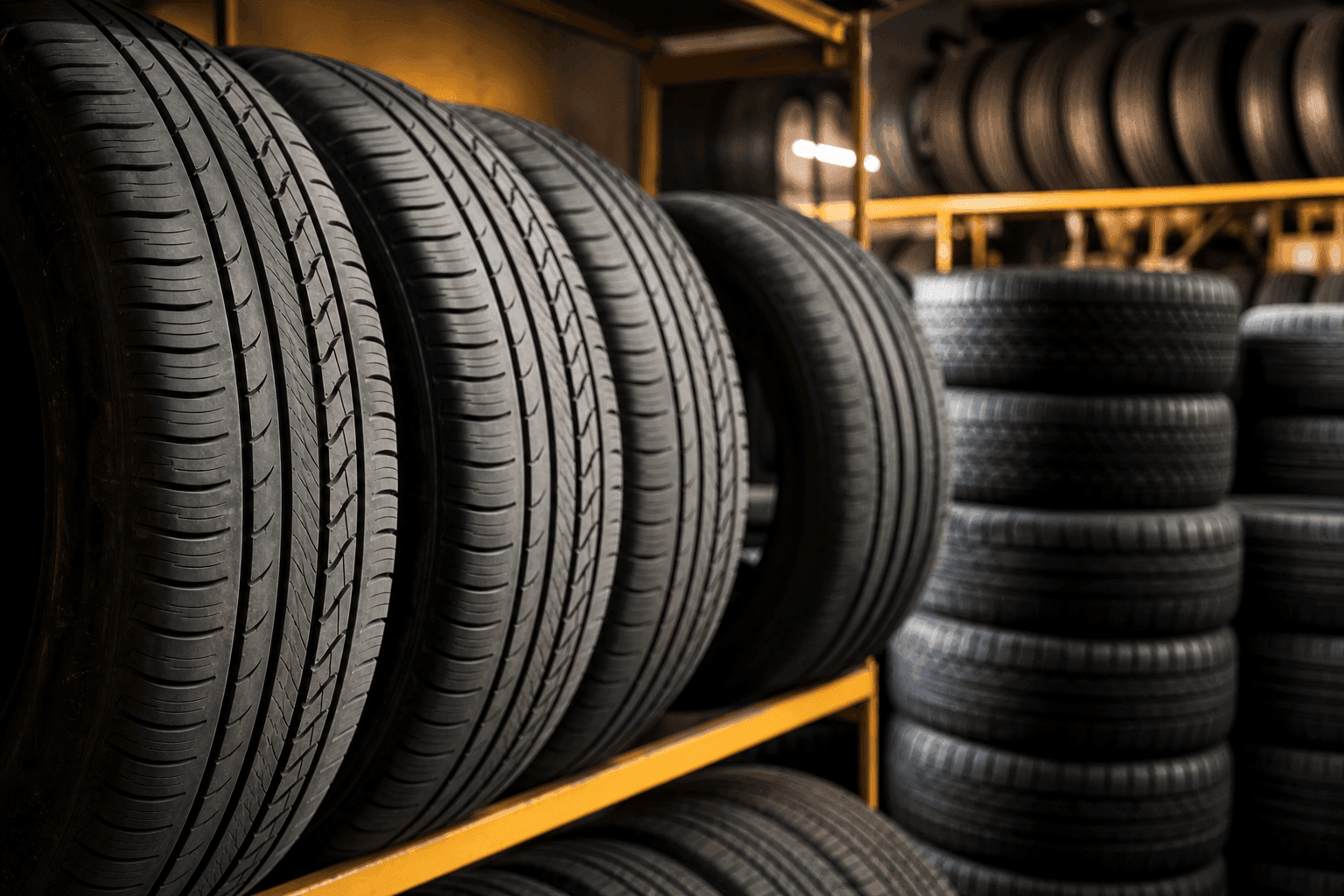Rows of car tyres in a tyre shop