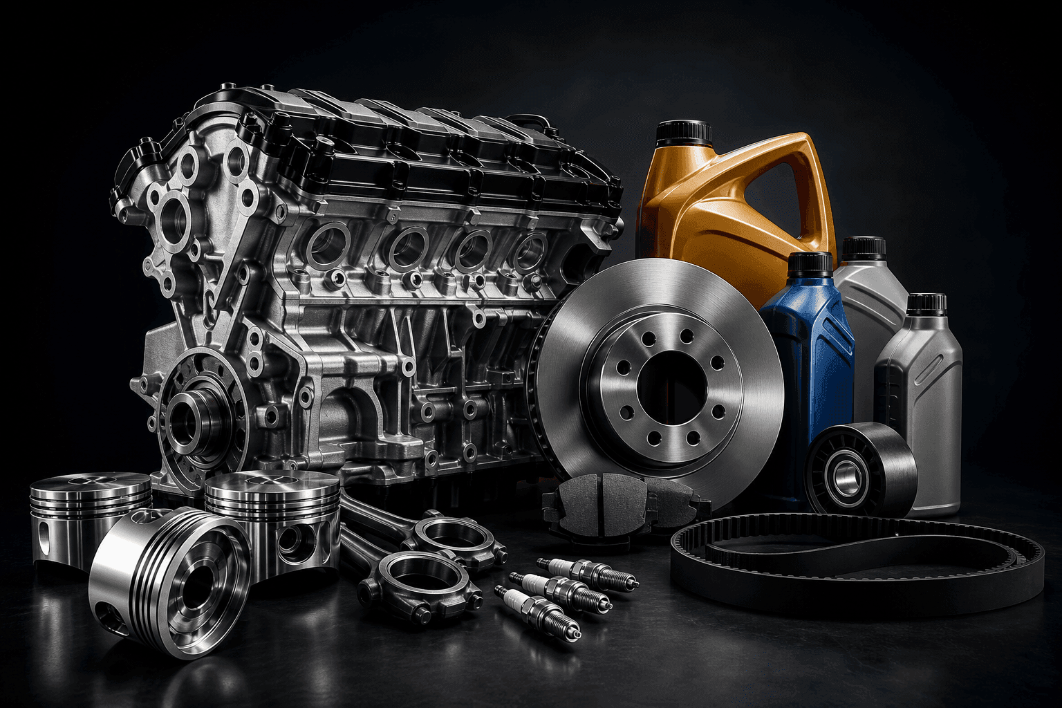Engine parts, lubricants, filters, brakes, and tyres